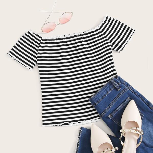 

Off Shoulder Lettuce Trim Rib-knit Striped Tee, Black