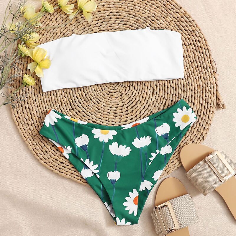 

Floral Print Bandeau Bikini Swimsuit, Multicolor