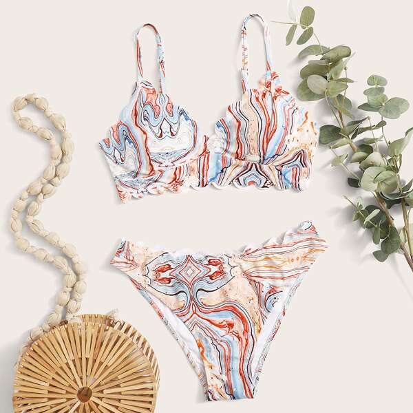 

Marble Print Scallop Trim Bikini Swimsuit, Multicolor
