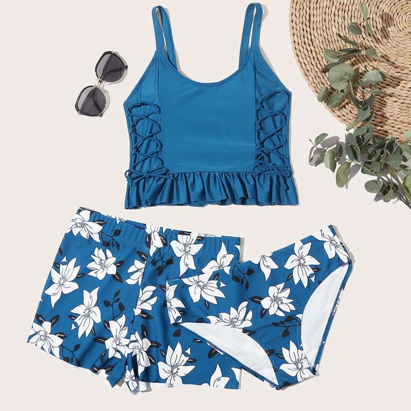 

3pack Floral Ruffle Hem Co-ord Bikini Swimsuit, Blue