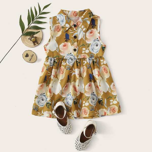 

Toddler Girls Floral Half Button Sleeveless Shirt Dress, Multicolor