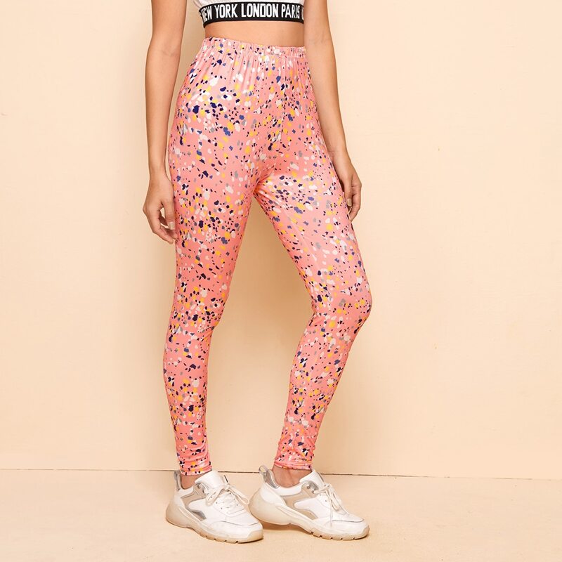 

Confetti Print Elastic Waist Leggings, Pink