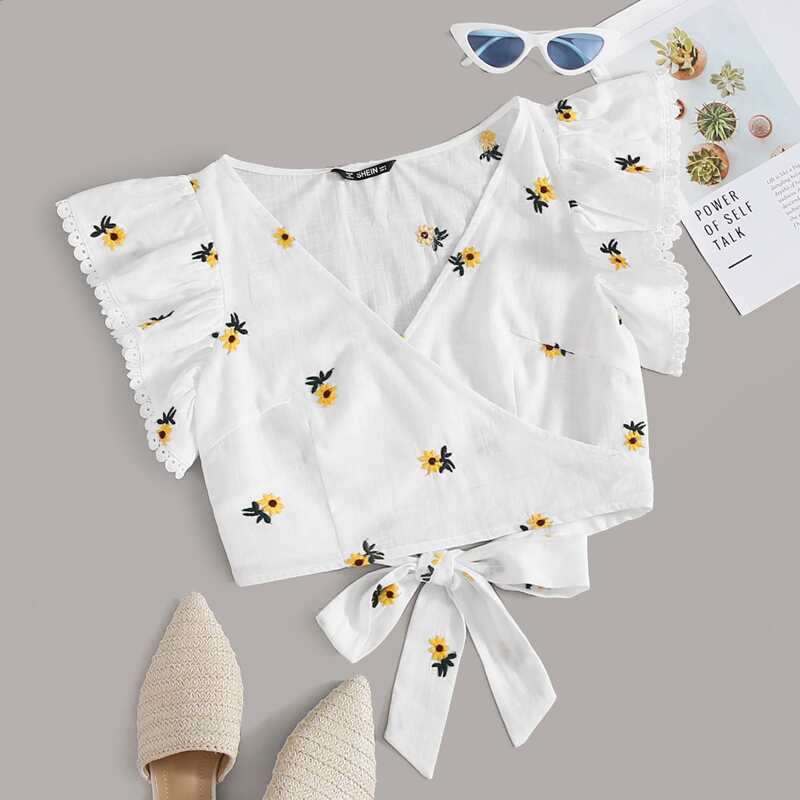 

Ruffle Armhole Embroidery Wrap Tie Back Top, White