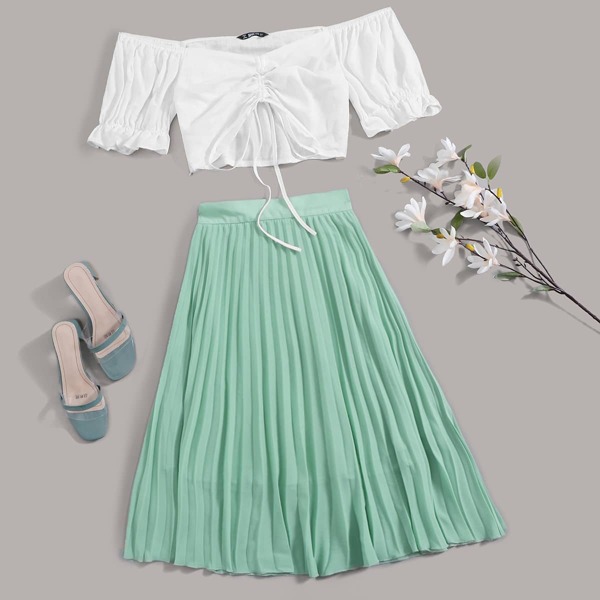 

Drawstring Ruched Bardot Top & Pleated Skirt Set, Multicolor