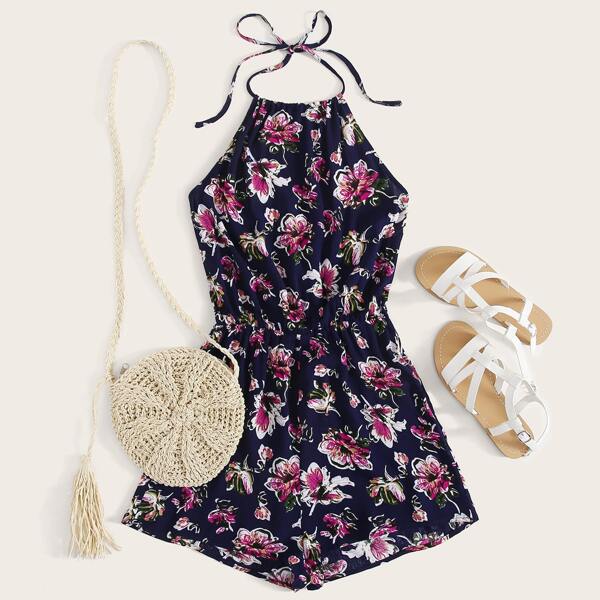 

Allover Floral Print Halter Romper, Navy blue