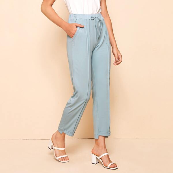 

Solid Drawstring Waist Asymmetrical Hem Pants, Blue