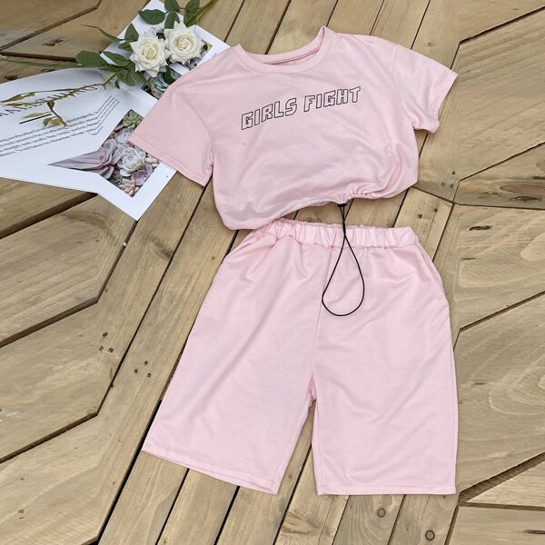

Letter Graphic Tee With Shorts, Pink
