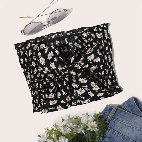 

Daisy Floral Tie Front Shirred Crop Tube Top, Black