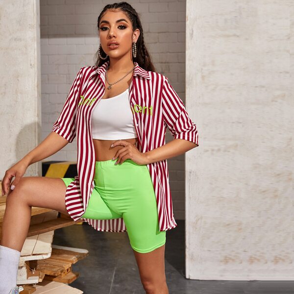 

Letter Graphic Striped Longline Blouse, Red