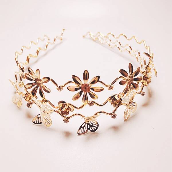 

3pcs Metallic Flower Decor Hair Hoop, Gold