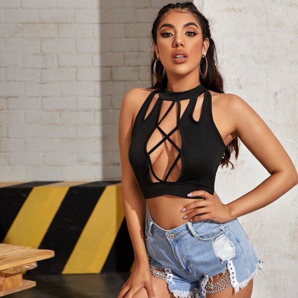 

Crisscross Cut-out Halterneck Crop Top, Black