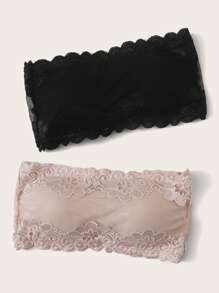 2 Paquetes de Conjunto de Sujetador Bandeau de Encaje Floral con Volantes - Multicolor - Ver 3