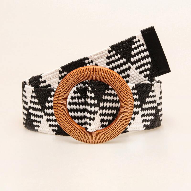 

Round Buckle Woven Belt, Black and white
