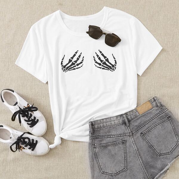 

Skeleton Hand Graphic Round Neck Tee, White