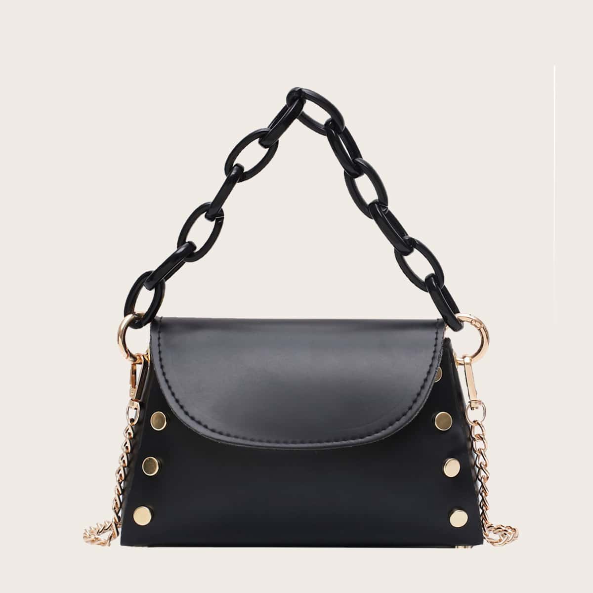 

Chain Handle Flap Satchel Bag, Black