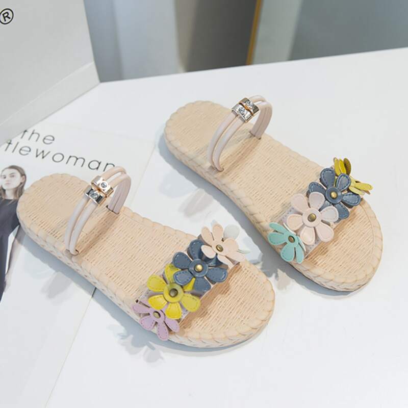 

Floral Appliques Open Toe Sliders, Multicolor
