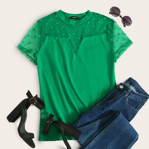 

Plus Polka Dot Mesh Yoke Top, Green