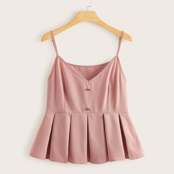 

Plus Button Detail Ruffle Hem Cami Top, Pink