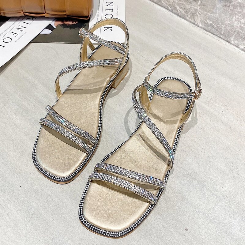 

Rhinestone Detail Ankle Strap Sandals, Gold