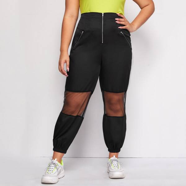 

Plus Contrast Mesh Zip Detail Sweatpants, Black