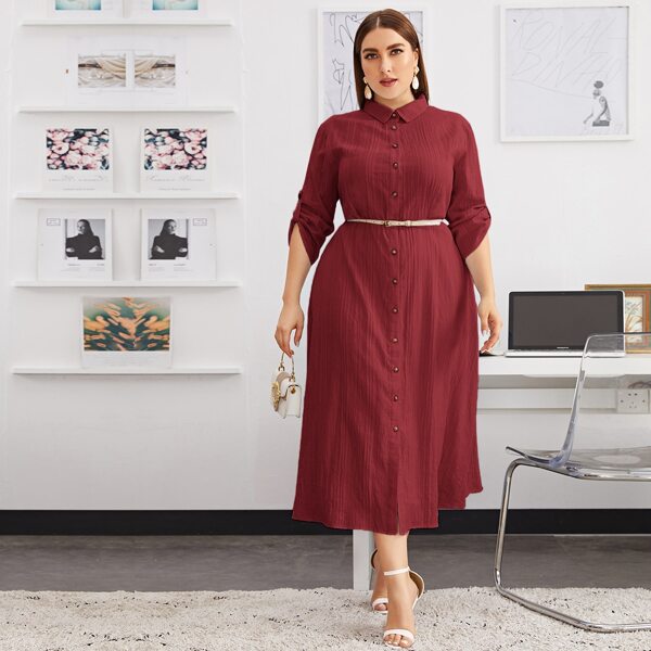 

Plus Roll Tab Sleeve Button Front Shirt Dress Without Belt, Burgundy