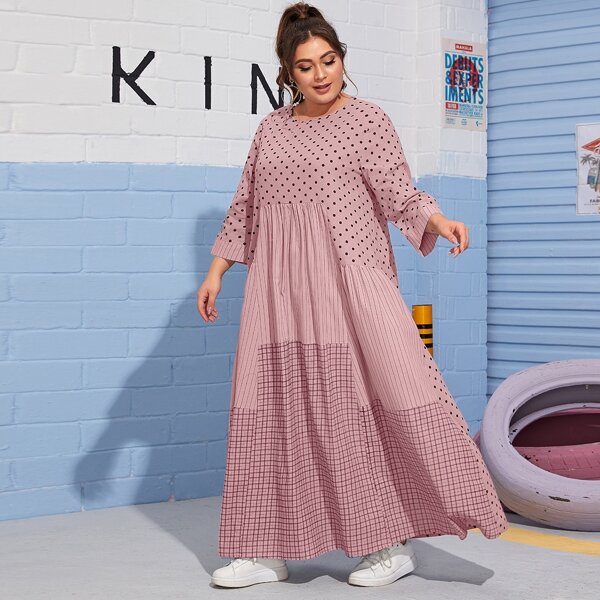 

Plus Cut-and-Sew Mixed Print Maxi Dress, Pink