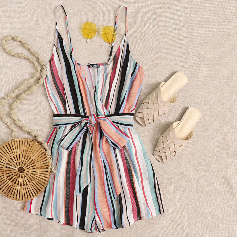

Surplice Wrap Belted Colorful Striped Cami Romper, Multicolor