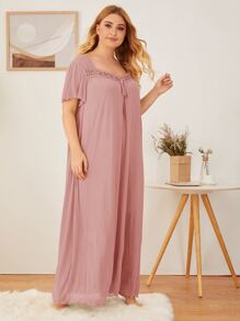 SHEIN Unity Plus Embroidered Mesh Trim Tie Front Night Dress, Moo Moo - Pink - View 4