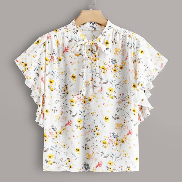 

Plus Allover Floral Tie Neck Blouse, White