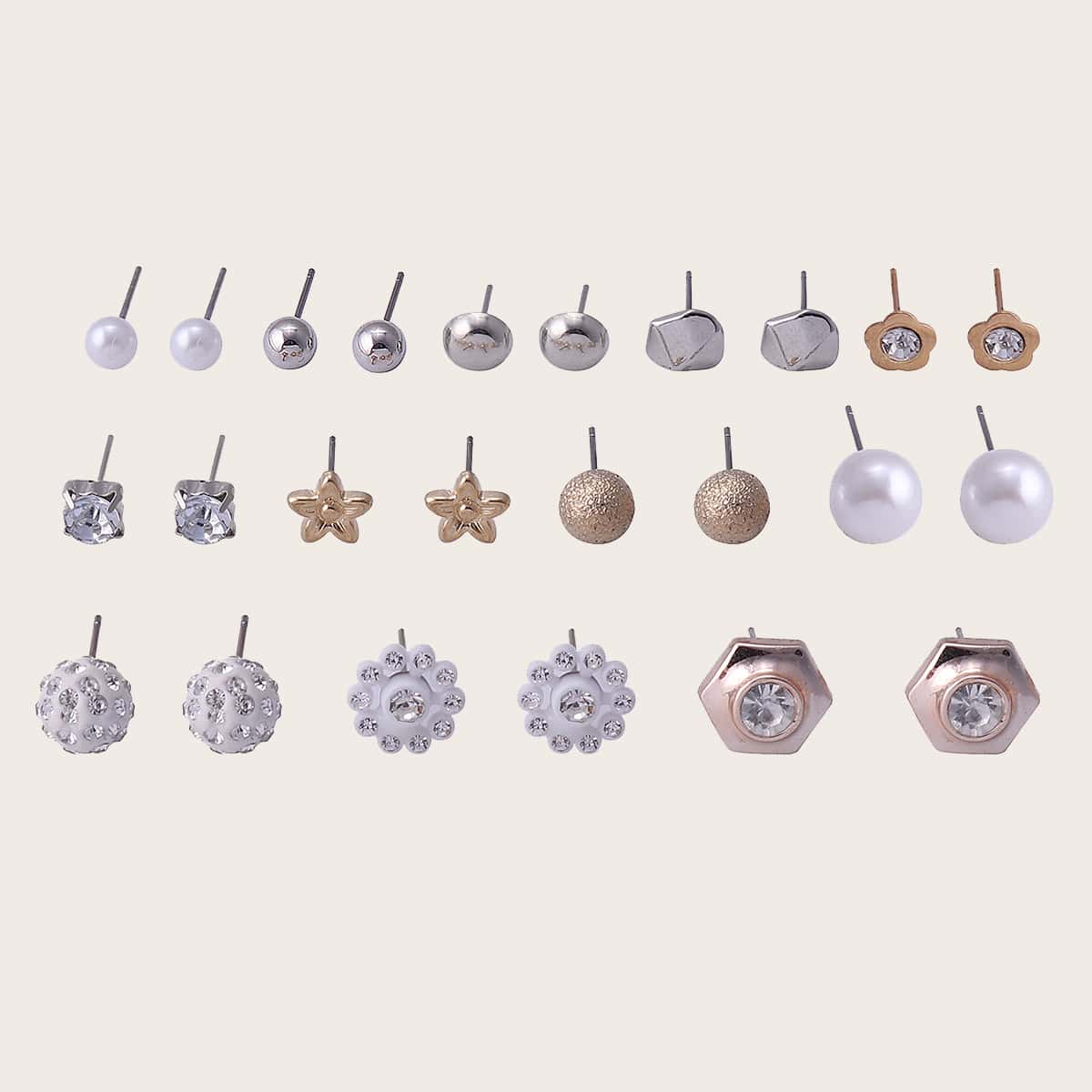

12pairs Rhinestone Engraved Earrings, Silver