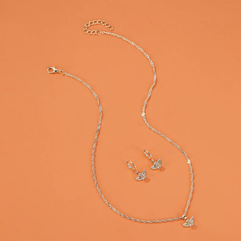 

3pcs Angel Charm Necklace & Earrings, Silver