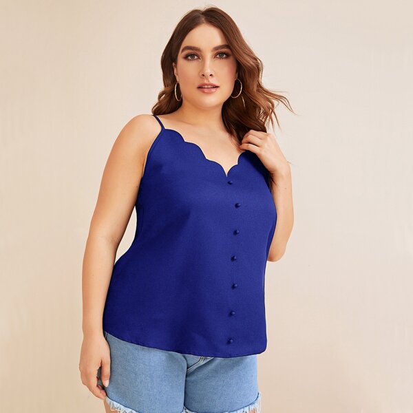 

Plus Double V-Neck Scallop Trim Buttoned Front Cami Top, Blue