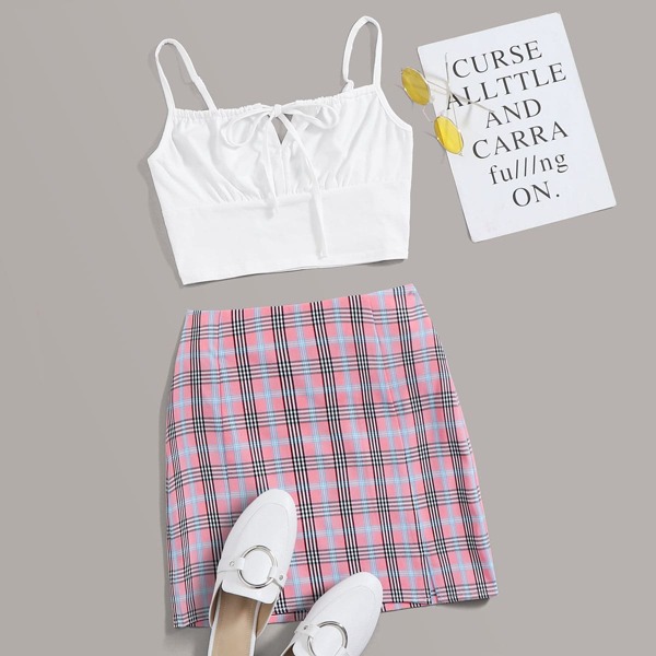 

Tie Neck Ruched Bust Cami Top and Tartan Skirt Set, Multicolor