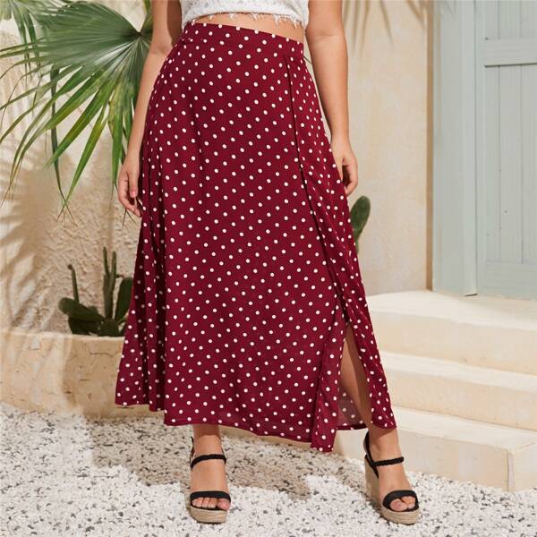 

Plus Polka Dot Split Hem Skirt, Burgundy
