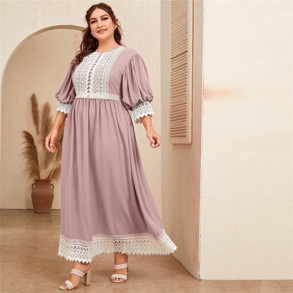 

Plus Guipure Lace Trim Lantern Sleeve Dress, Pink