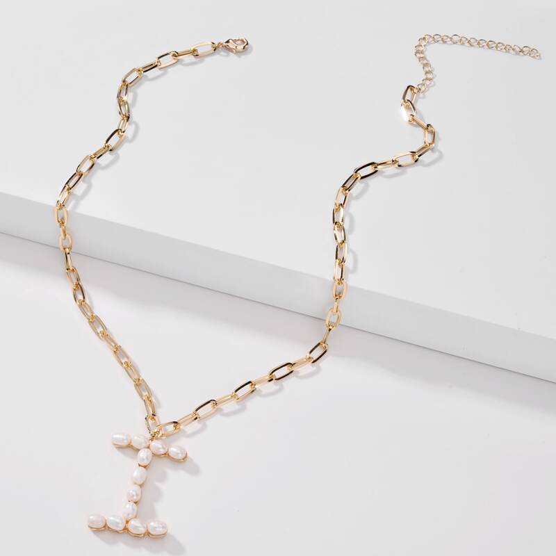 

Faux Pearl Letter Necklace, Gold