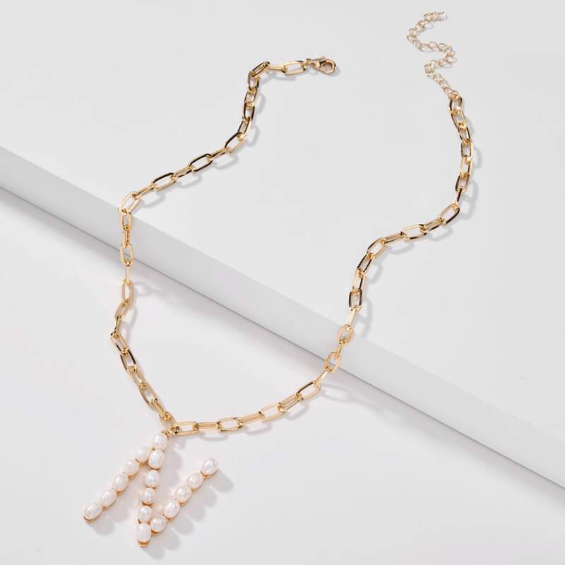 

Faux Pearl Letter Necklace, Gold