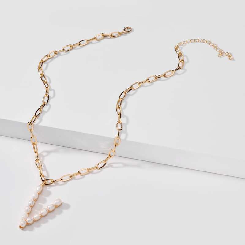 

Faux Pearl Letter Necklace, Gold
