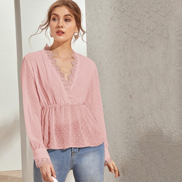 

Swiss Dot Lace Trim Peplum Blouse, Pink