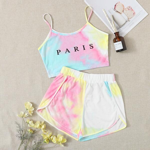 

Tie Dye Letter Graphic Cami Top & Track Shorts, Multicolor