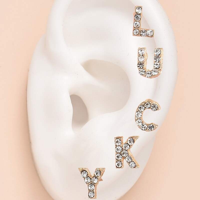

5pcs Rhinestone Stud Earrings, Gold