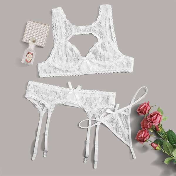 

Cut-out Floral Lace Garter Lingerie Set, White