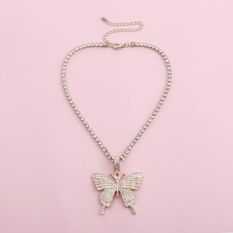

Rhinestone Butterfly Charm Necklace, Gold