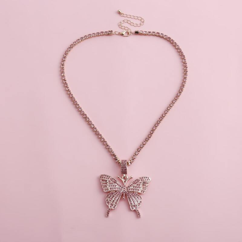 

Rhinestone Butterfly Charm Necklace, Pink