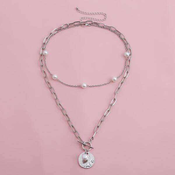 

2pcs Faux Pearl Geometric Necklace, Silver