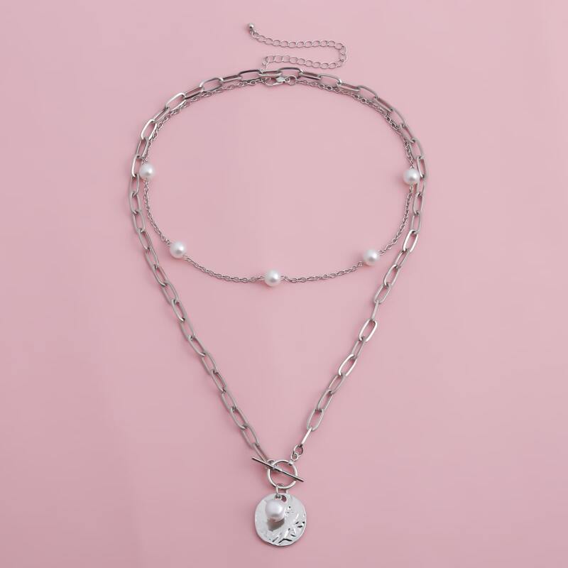 

2pcs Faux Pearl Geometric Necklace, Silver