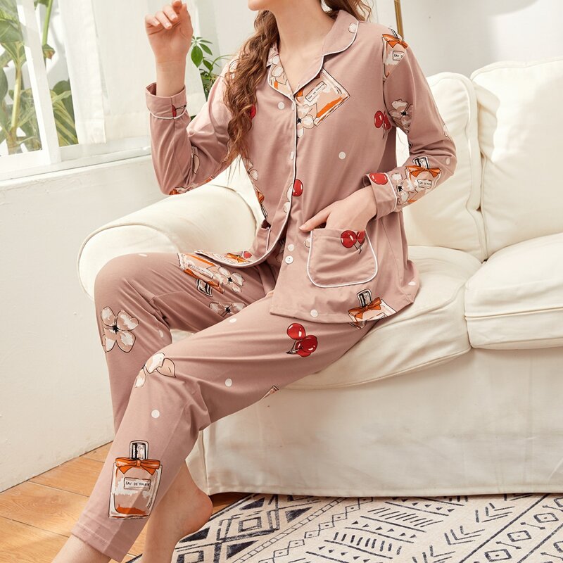

Cherry & Perfume Print Dual Pocket PJ Set, Pink