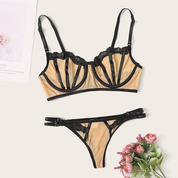 

Contrast Binding Underwire Mesh Lingerie Set, Nude