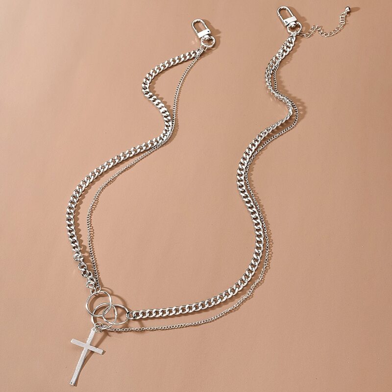

Cross Charm Layered Necklace, Silver