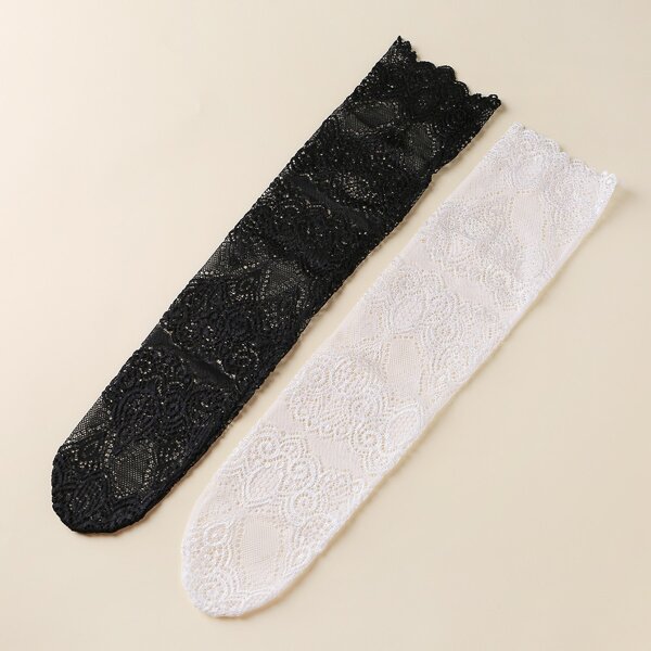 

2pairs Lace Hollow Out Socks, Multicolor